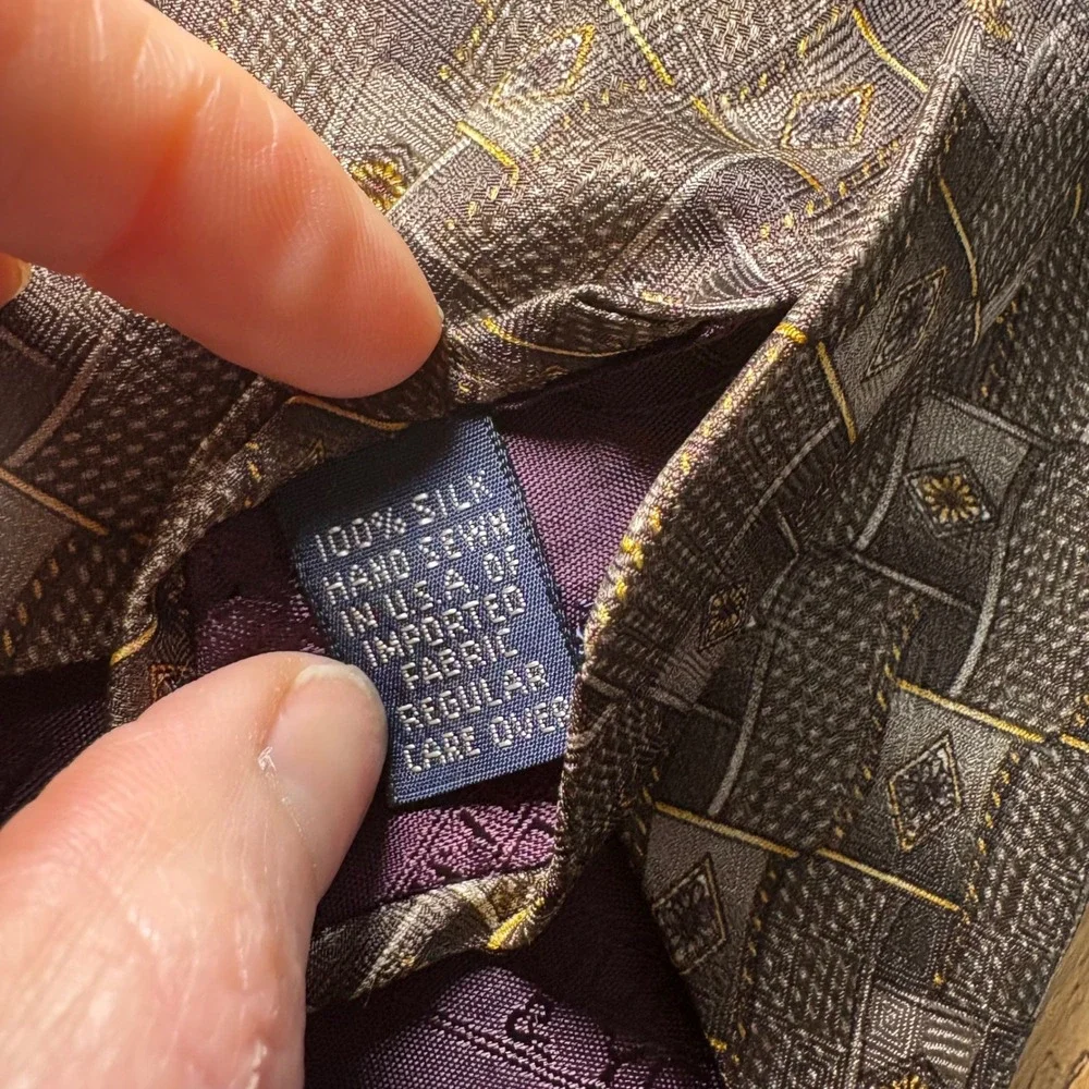 Roundtree & Yorke Mens Silk‎ Tie Grey Charcoal Geometric Gold Diamond Handmade